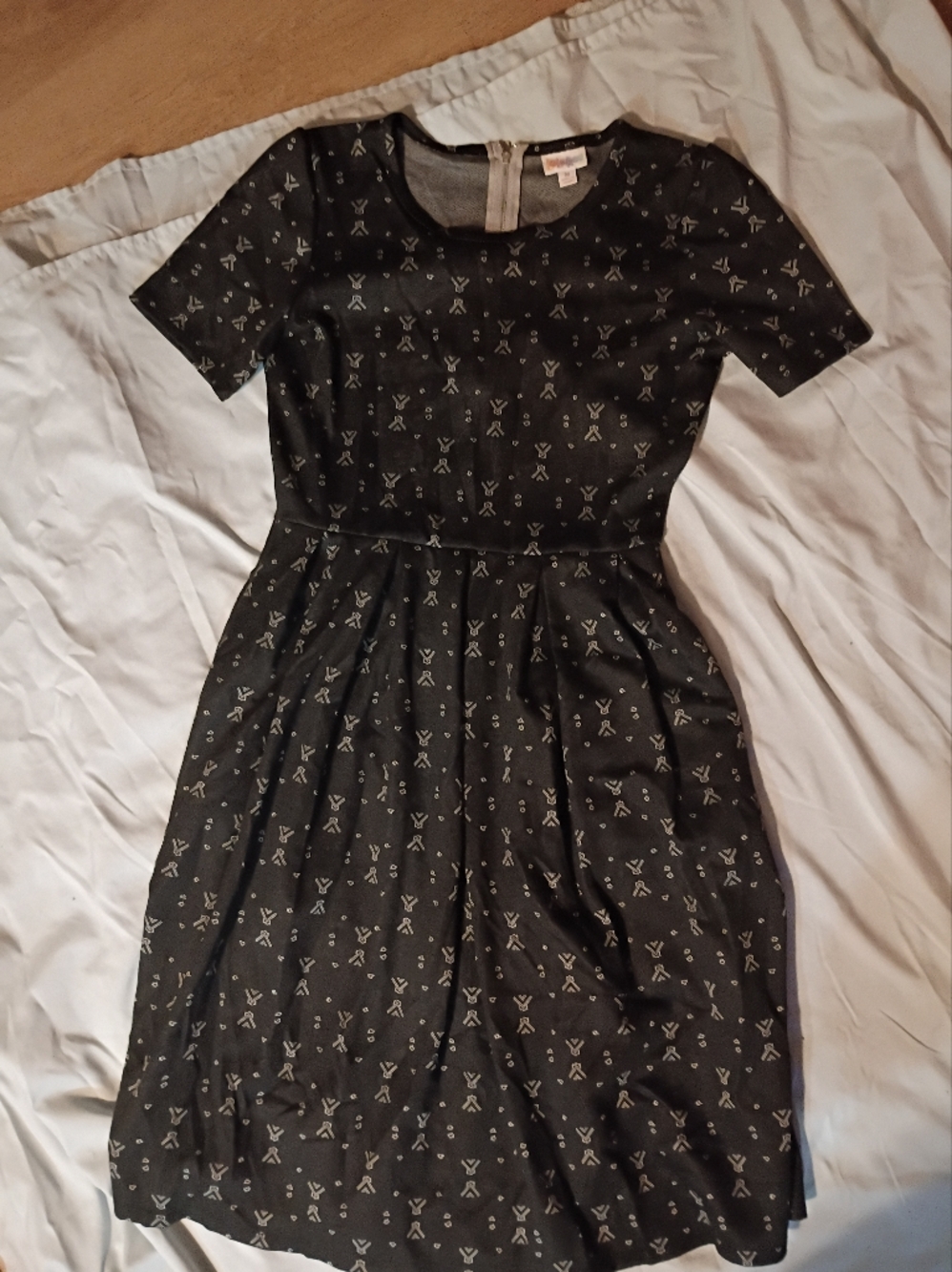Black Short Sleeve Fit-and-Flare Dress with Black & Silver Motif